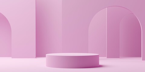 Pastel pink empty, blank dais, podium or platform background with modern minimal elements in the back, product presentation template mock-up