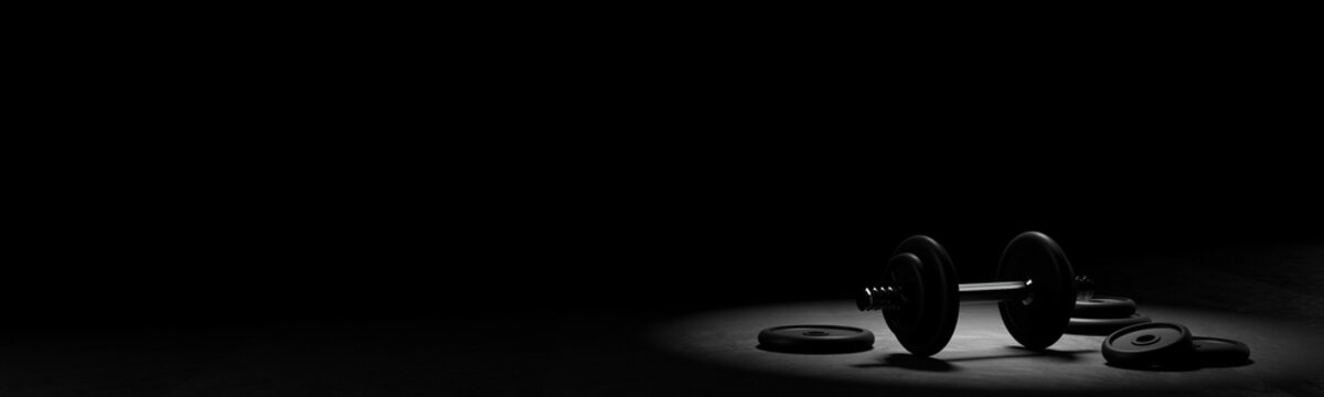 Fitness gym dumbbell with chrome handle and black weights on gym mat floor background, muscle exercise, workout, bodybuilding or fitness concept, copy space