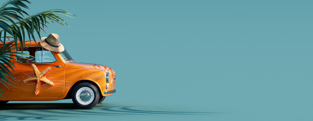 Orange retro car with starfish and palm tree on turquoise blue summer background 3D Rendering, 3D Illustration © hd3dsh