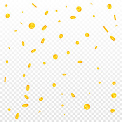 Swiss franc coins falling. Dramatic scattered CHF coins. Switzerland money. Charming jackpot, wealth or success concept. Vector illustration.