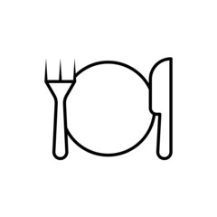 Cutlery icon in black. Plate fork and knife pictogram. Isolated illustration on white background. Symbol cafe events and restaurant waiter. As template of card, banner, menu, flyer Vector EPS 10 