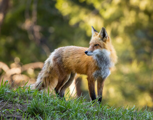 Fototapeta premium Red fox (Vulpes vulpes) adult standing in forest Colorado, USA 