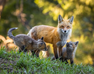 Red fox (Vulpes vulpes) adult with two kits Colorado, USA