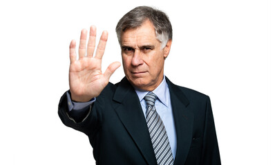 A young man holding up his hand in a stop sign