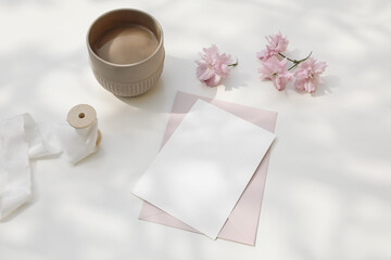 Wedding composition. Feminine spring breakfast still life. Pink Japanese cherry tree, sakura...