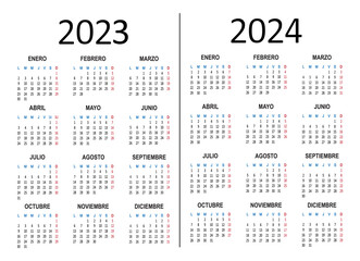 Spanish calendar 2023 2024 years. Week starts on Monday. Vector illustration - obrazy, fototapety, plakaty