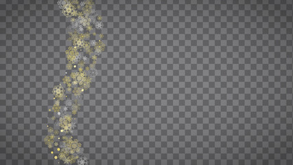 Isolated snowflakes on horizontal transparent grey background. Gold glitter snow. Winter sales, Christmas and New Year design for party invitation, banner, sale. Magic crystal isolated snowflakes.