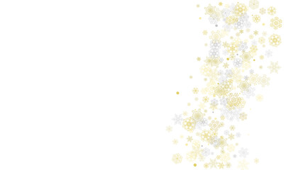 Gold snowflakes frame on black background. New year theme. Horizontal shiny Christmas frame for holiday banner, card, sale, special offer. Falling snow with gold snowflake and glitter for party invite