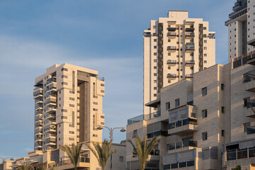 Sunset Cityscape Panoramic view of the modern building apartment in the District of Beersheba City in South of Israel.