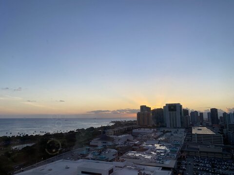 Sunset Over The Ala Moana, View From Ala Moana Hotel, Oahu Island, Hawaii Year 2022 May