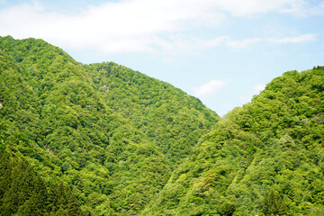 Obraz premium 山とその背景に広がる青空と雲の風景写真・休日・北陸
