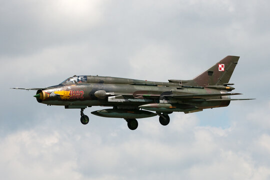 RAF Fairford, Gloucestershire, UK - July 9, 2014: Polish Air Force (Sily Powietrzne) Sukhoi Su-22 Fitter attack aircraft.
