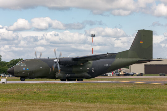 RAF Fairford, Gloucestershire, UK - July 14, 2014: German Air Force (Luftwaffe) Transall C-160D twin engine military transport aircraft.