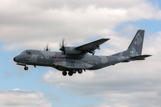RAF Fairford, Gloucestershire, UK - July 14, 2014: Polish Air Force (Sily Powietrzne) CASA C-295M twin engine military cargo aircraft.