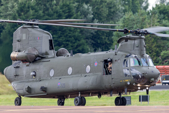RAF Fairford, Gloucestershire, UK - July 12, 2014: Royal Air Force (RAF) Boeing Chinook HC.2 twin engined heavy lift military helicopter ZA714.
