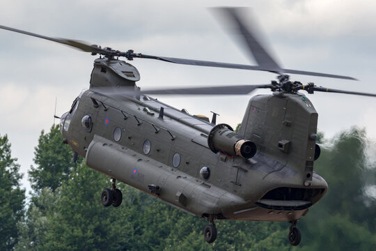 RAF Fairford, Gloucestershire, UK - July 12, 2014: Royal Air Force (RAF) Boeing Chinook HC.2 twin engined heavy lift military helicopter ZA714.