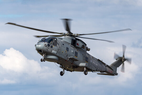 RAF Fairford, Gloucestershire, UK - July 14, 2014: Royal Navy AgustaWestland Merlin HM.2 (EH101) Anti-Submarine Warfare Helicopter.