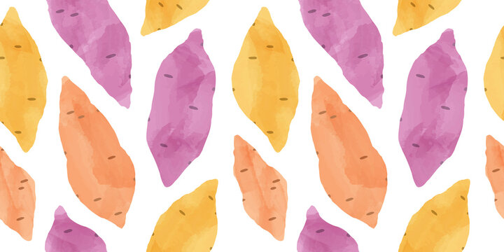 Sweet potato vegetable watercolor drawing seamless pattern. Natural organic cooking ingredient background for restaurant, food recipe or healthy eating concept.
