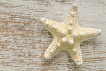 Fototapeta na wymiar starfish on white shabby chic board background.Summer nautical decor.Background in a marine style