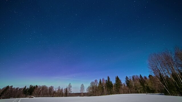 Low angle shot of colorful northern lights, Aurora borealis in display in timelapse during a cold winter night over snow covered field with forest trees in the background.