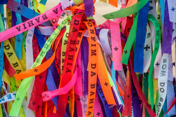 Colored ribbons of Senhor do Bonfim, cultural and religious symbol of Salvador, Bahia, Brazil