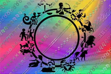 Abstract illustration featuring colorful ancient astrology symbols on a rainbow background