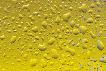 Fototapeta na wymiar Yellow background with different, voluminous shiny water drops. Abstract background design