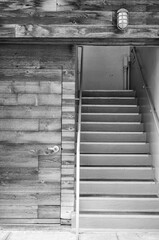 old wooden door with a concrete staircase in black and white.
