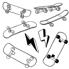 Hand drawn skateboarding elements. Skate background. Skateboarding doodle illustration.