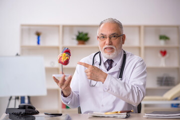 Old male doctor cardiologist working in the clinic - obrazy, fototapety, plakaty