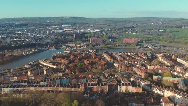 Aerial view of buildings surrounding River Avon in Bristol harbourside