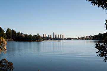 Photograph of a lake with the view of the big city