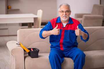 Old male carpenter working indoors