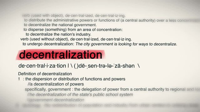 The Word Decentralization Red Highlighted in a Dictionary Animation