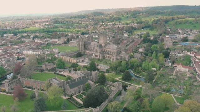 Aerial view of Wells Cathedral in the market town of Wells, Somerset, UK
