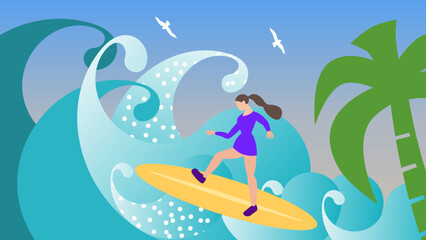 Obraz na płótnie Canvas Young woman surfer in rash guard shirt standing on surfboard among high sea waves