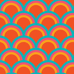 Rainbow scallop seamless vector pattern. Bold bright geometric design with aqua, pink orange and yellow colors. Vibrant decorative surface pattern print. Repeat design for textiles and wallpaper art. 