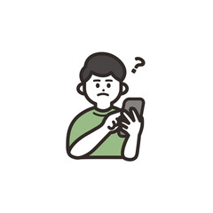 疑問に思いながら携帯を使用する男性