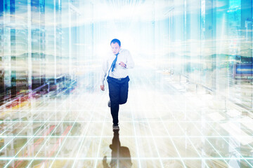 Businessman dancing with cityscape background