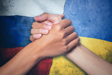 Russia and Ukraine handshaking after ceasefire - obrazy, fototapety, plakaty