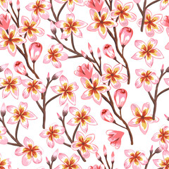 Fototapeta na wymiar Hand drawn seamless pattern with blooming sakura branches.
