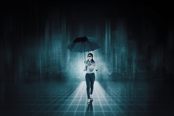 Woman blindfolded hold umbrella in cyberspace