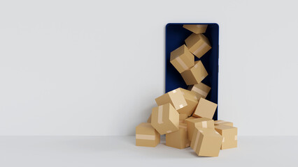 Cardboard box parcel overflow from smartphone display, online delivery concept, 3D rendering.