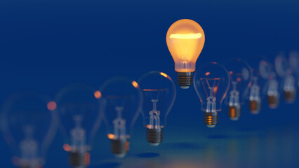 One being on light bulb in rows of darkened lamp, leader innovation concept, 3D rendering. - 503378968