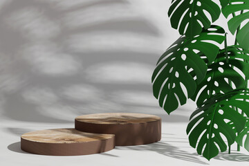 3d rendering, Wood podium stand with natural rock with green plant, pedestal for brand product exhibition.