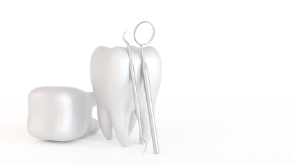 Tooth icon with medical dentist tool or inspection mirror for teeth, dental care concept, 3D rendering.