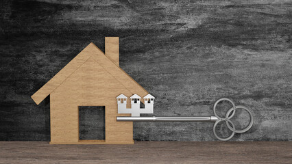 House shape key with house model, Investment property, Mortgage real estate concept. 3D rendering.