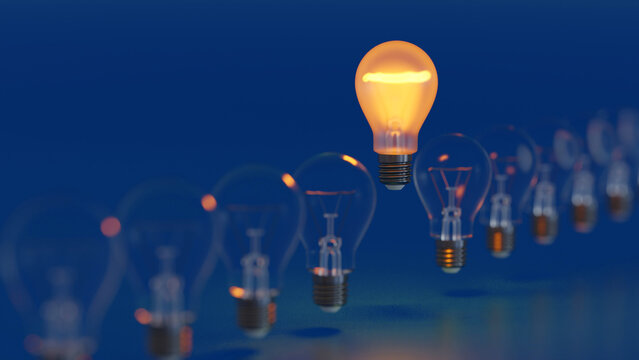 One being on light bulb in rows of darkened lamp, leader innovation concept, 3D rendering.