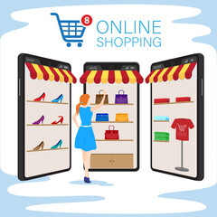 Mobile application for shopping, Online supermaket, Smartphone with shopping app.