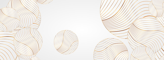 White abstract background with circles and golden wavy pattern. Art deco ornament vector design